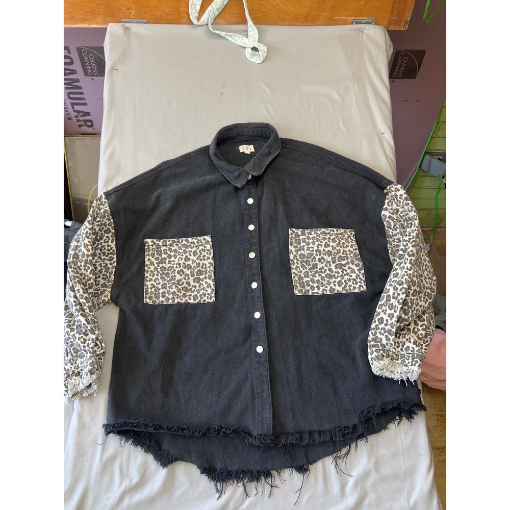 POL Womens Denim Shacket Large Black Leopard Print Mixed Media Frayed Hem Jacket